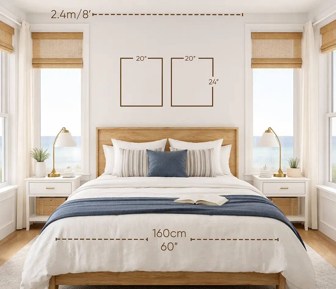 Double 20x24 inches artworks above queen bed in a coastal luxury house.