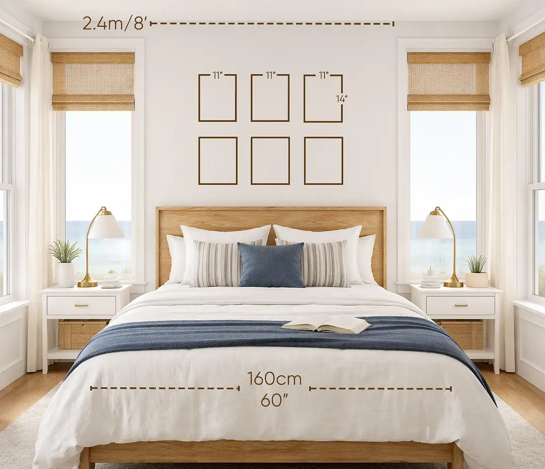 Six 11x14 inches artworks above queen bed in a coastal luxury house.