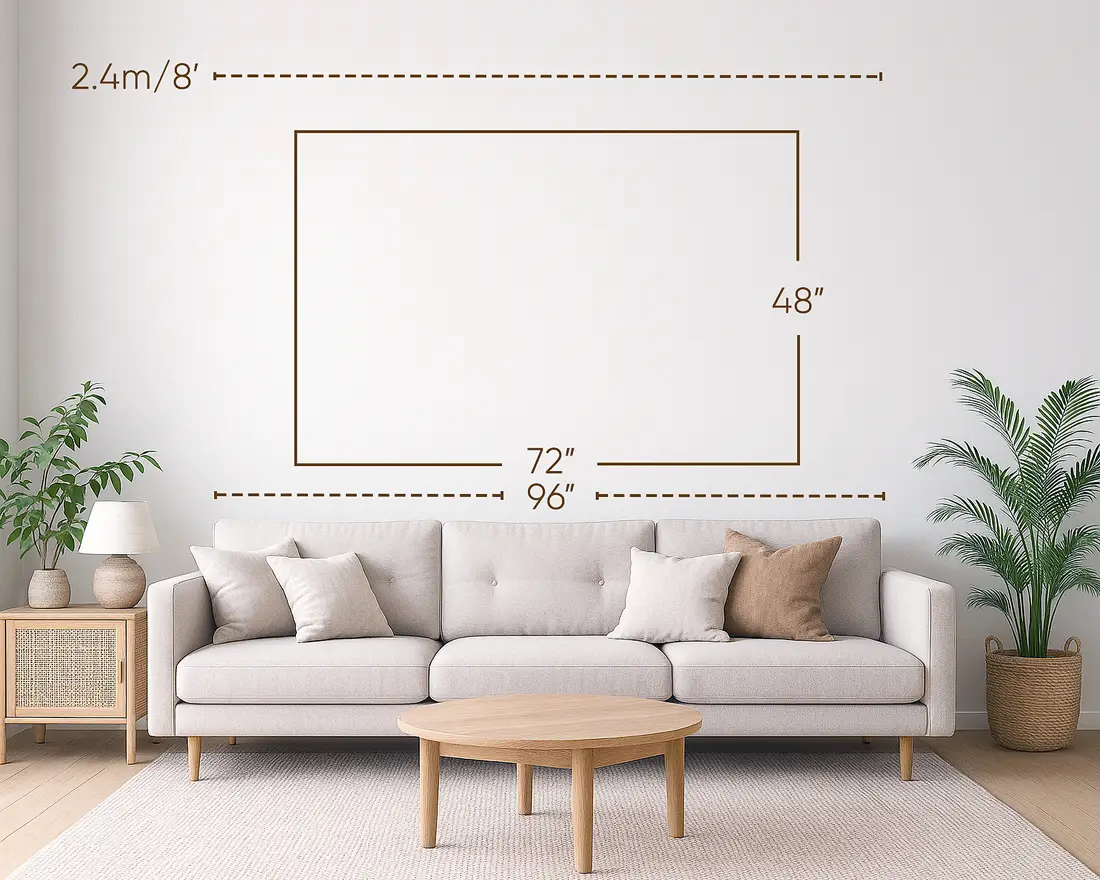 Three-seater / 96-inch sofa with 72x48 inches wall art.