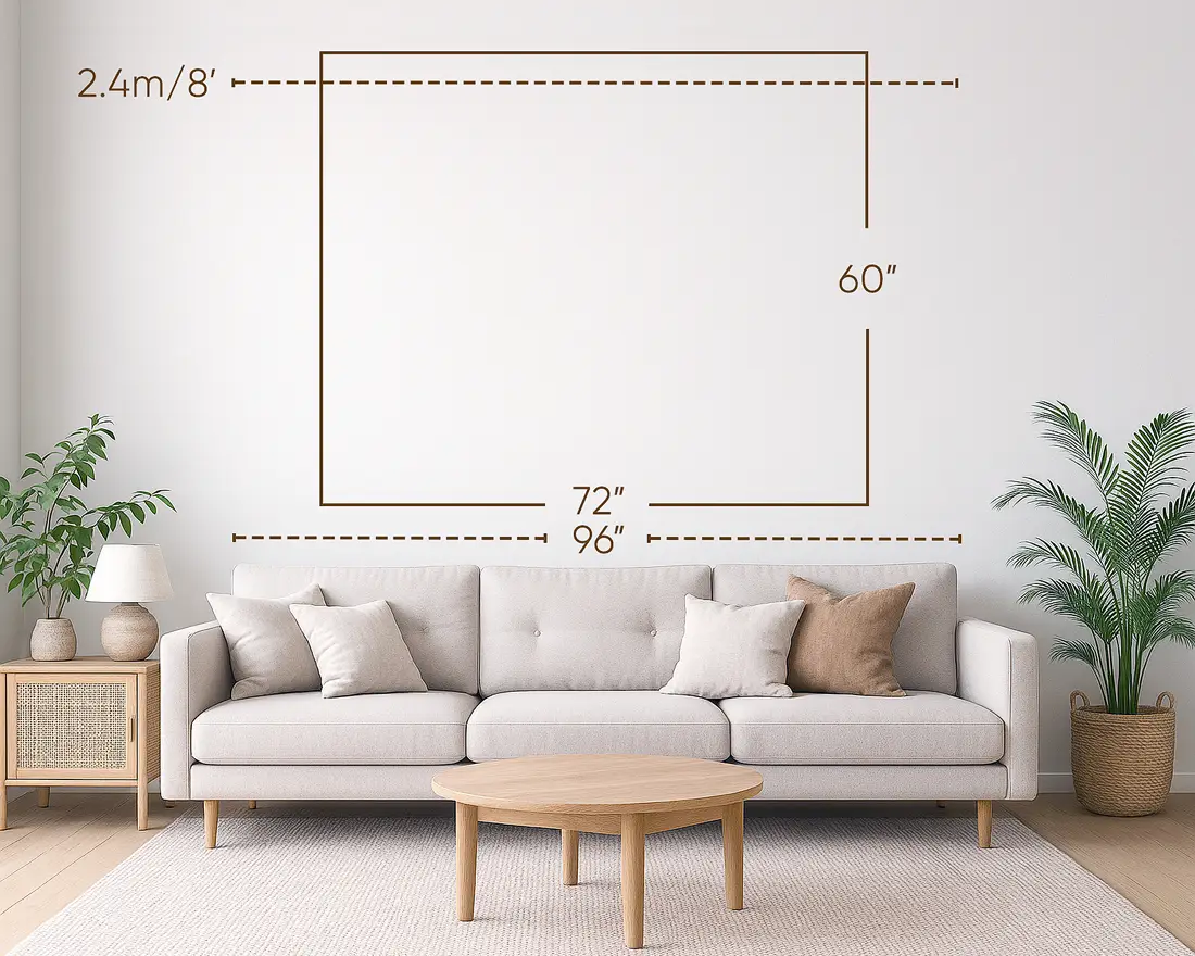 Three-seater / 96-inch sofa with 72x60 inches wall art.