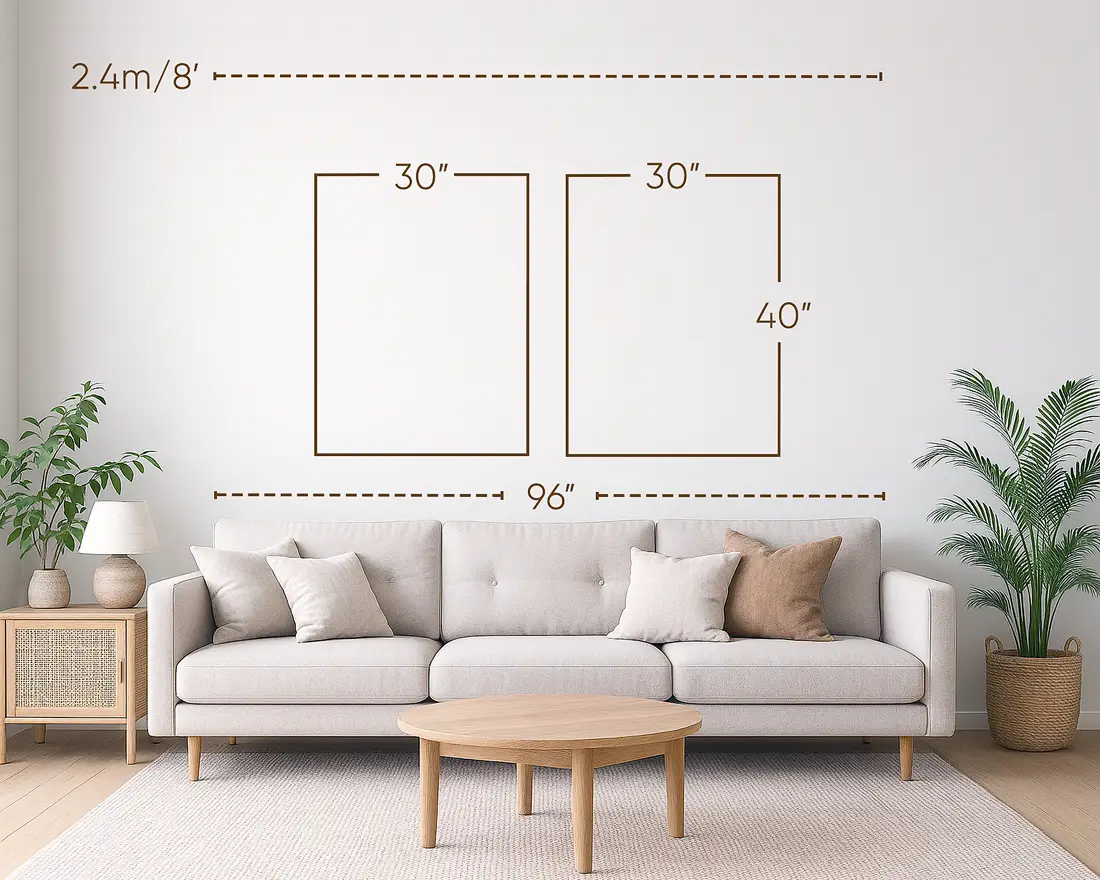 Three-seater / 96-inch sofa with two 30×40 inches wall arts, arranged vertically.