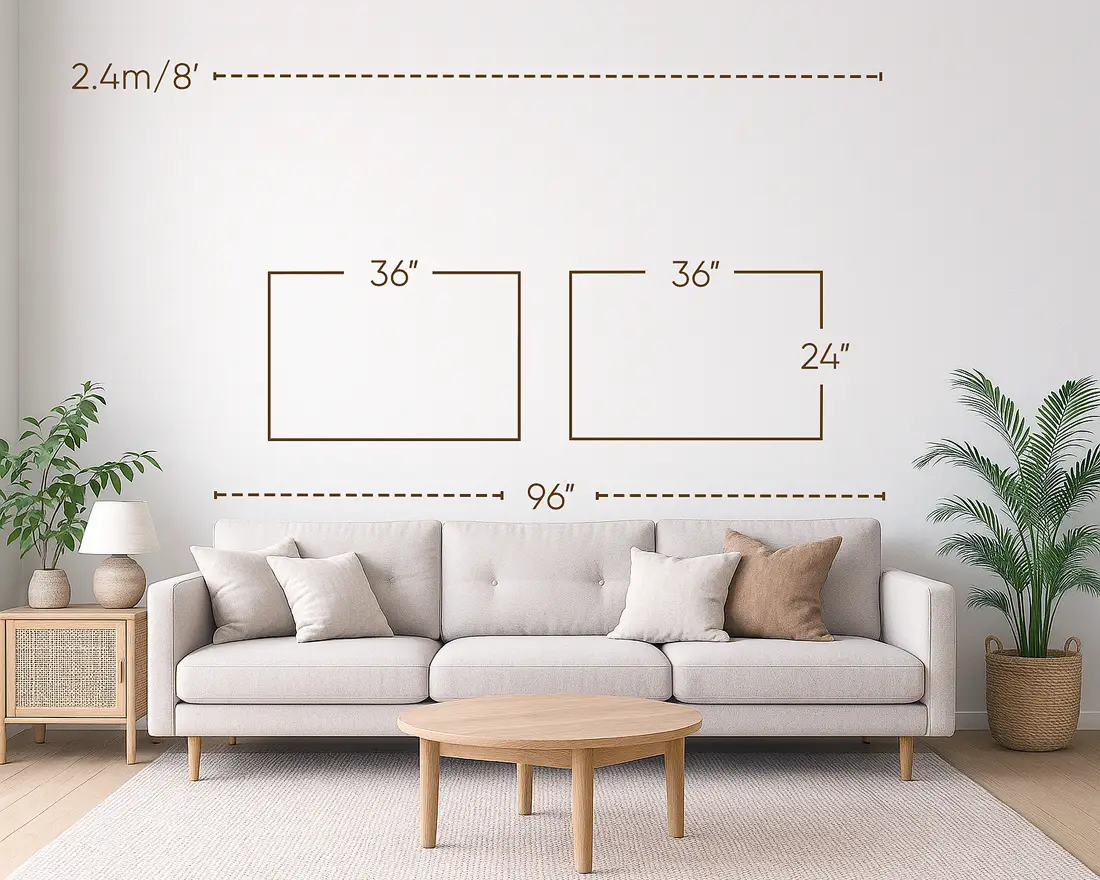 Three-seater / 96-inch sofa with two 36×24 inches wall arts, arranged horizontally.