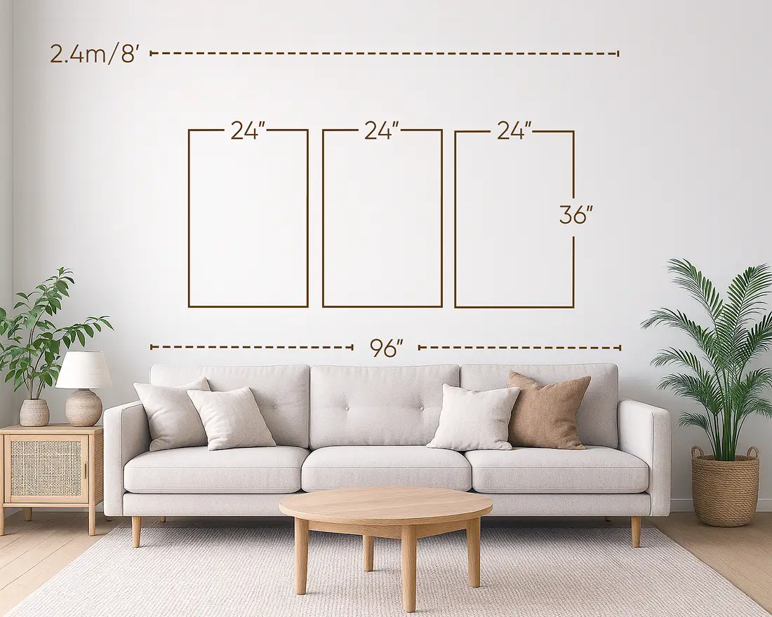 Three-seater / 96-inch sofa with 24x36 inches triptych wall art.