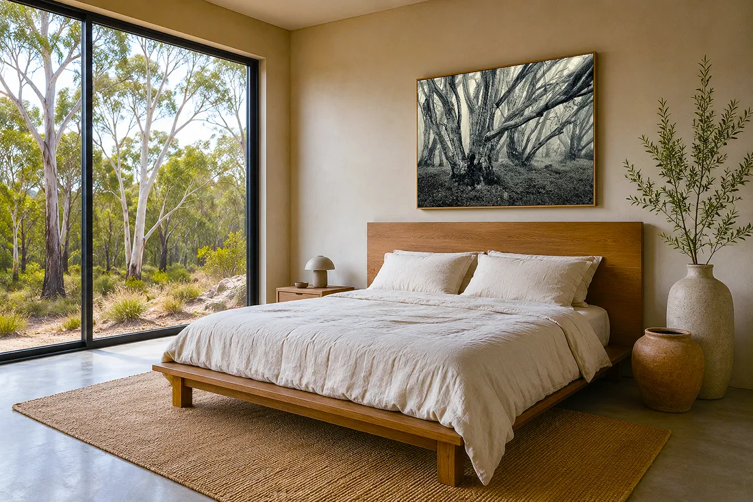 Australian bedroom with bushland views, natural timber furniture, neutral bedding and black and white forest wall art above the bed
