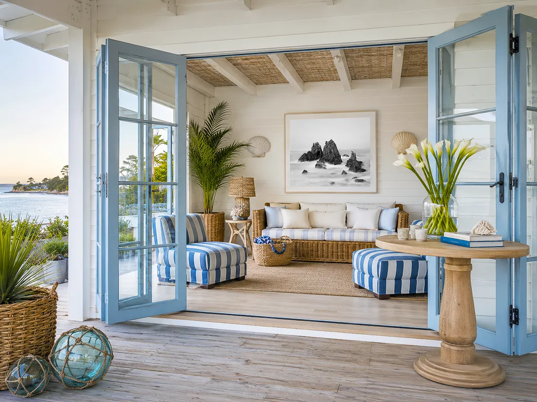 Coastal Australian verandah with blue French doors, rattan furniture and black and white fine art photography above a sofa.