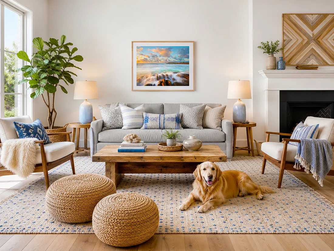 Australian coastal living room with neutral sofa, natural timber furniture, a golden retriever and colourful seascape wall art above the couch
