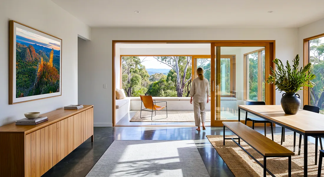 Modern Australian home with timber dining table, bushland views and colourful mountain landscape wall art above a timber sideboard