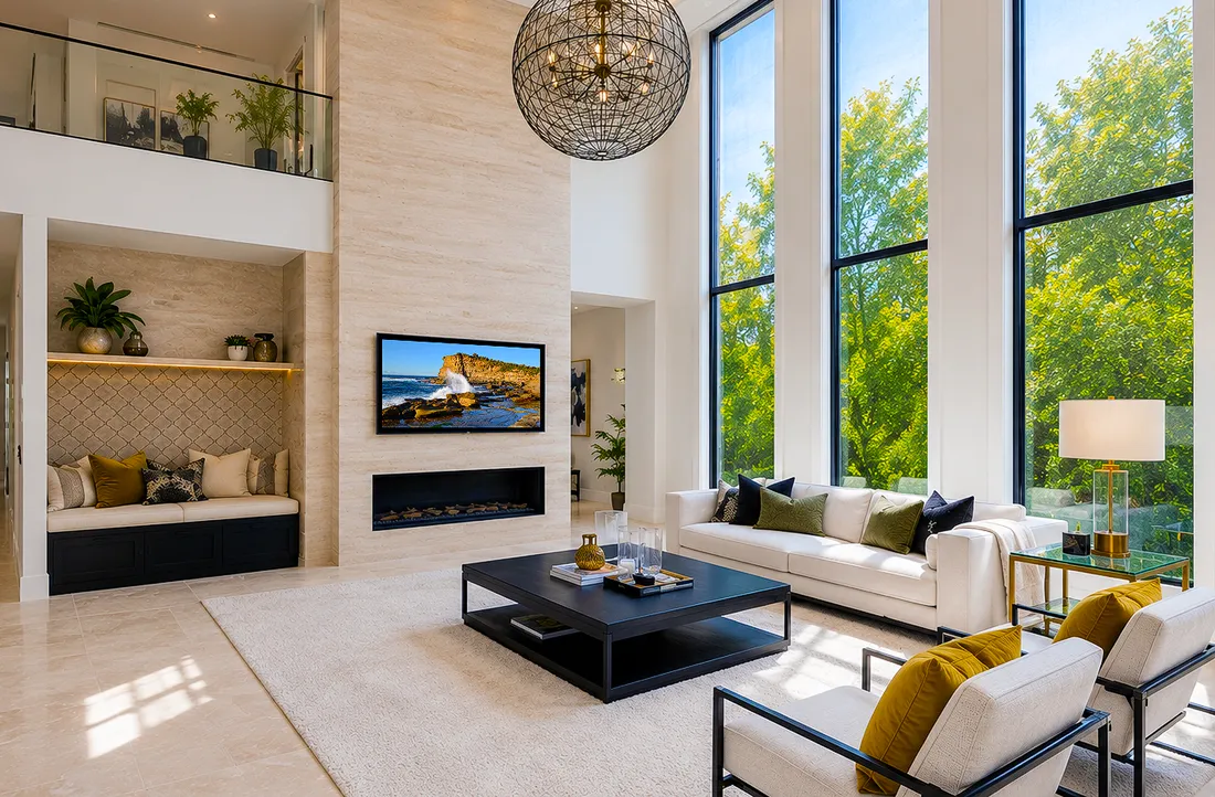 Luxury Australian living room with tall windows, neutral furniture, fireplace and colourful coastal wall art above the mantel