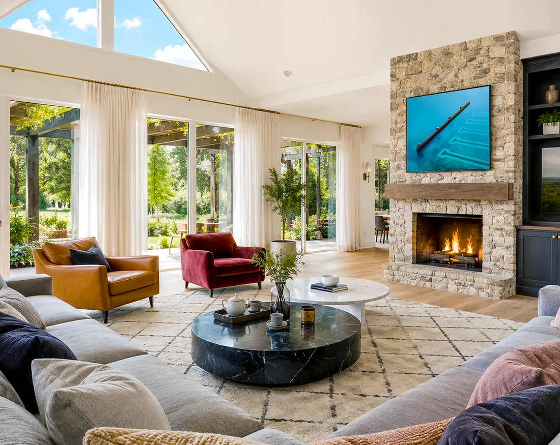 Modern Australian living room with vaulted ceiling, stone fireplace, leather armchairs and blue coastal wall art above the mantel