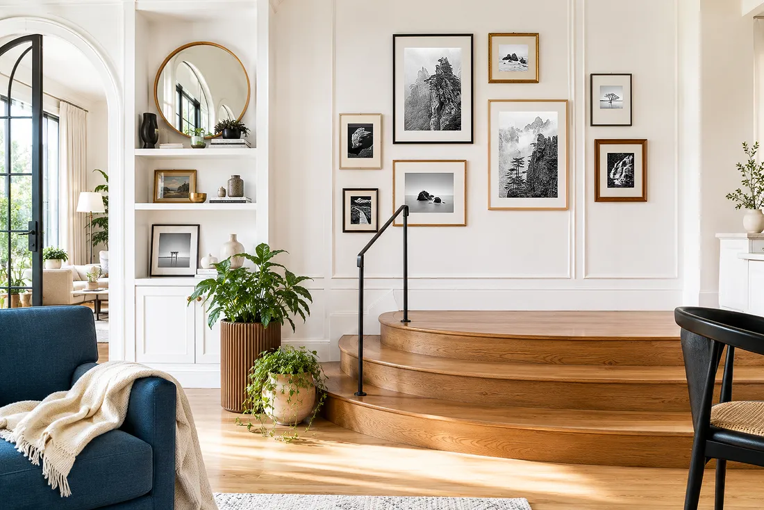 Living room with a relaxed gallery wall of mixed framed artworks arranged around a central piece above curved timber steps.