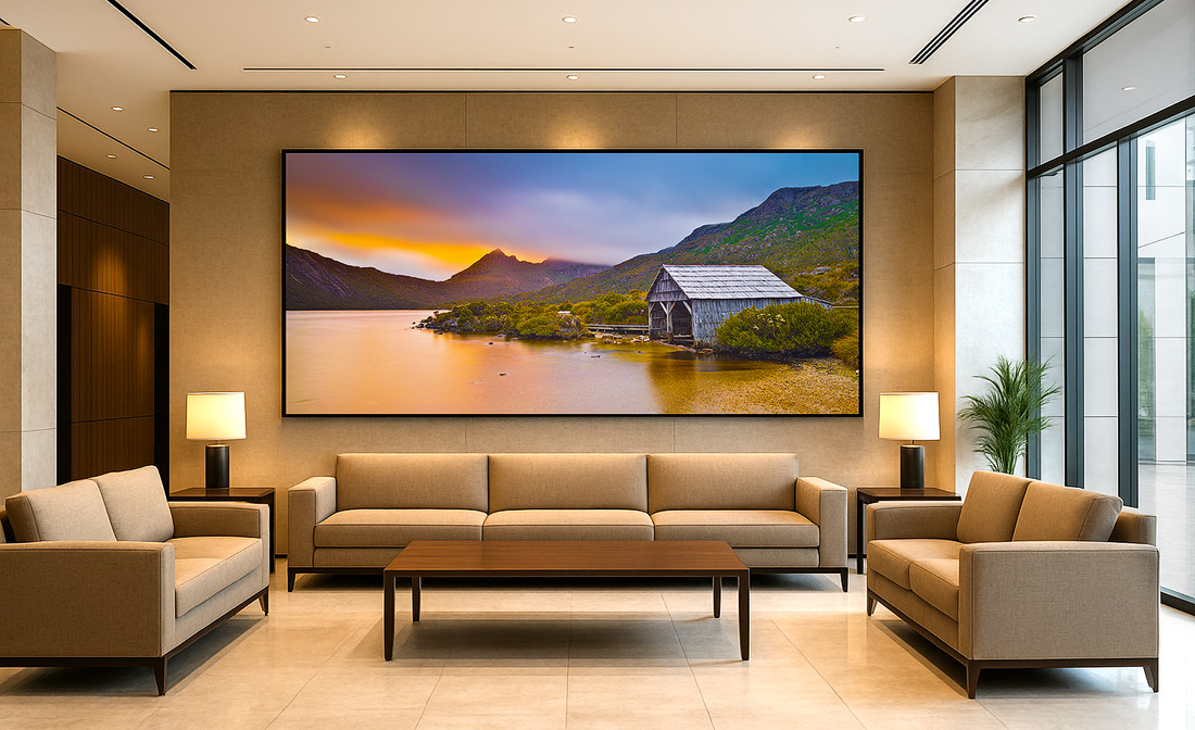 Hotel lobby with panoramic fine art photography centerpiece