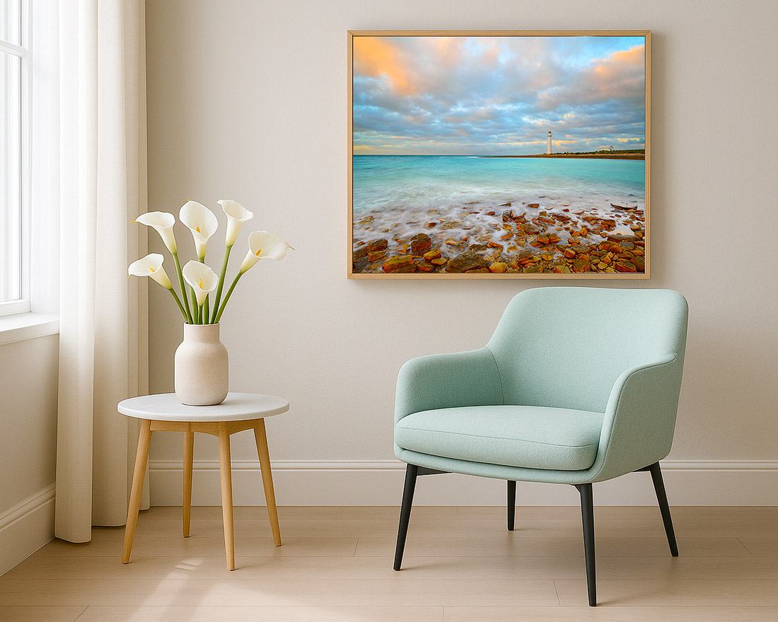 A tranquil ocean scene on canvas transforms this luxury living room into a warm and inviting sanctuary. Living room interior with calm ocean landscape printed on canvas wall art