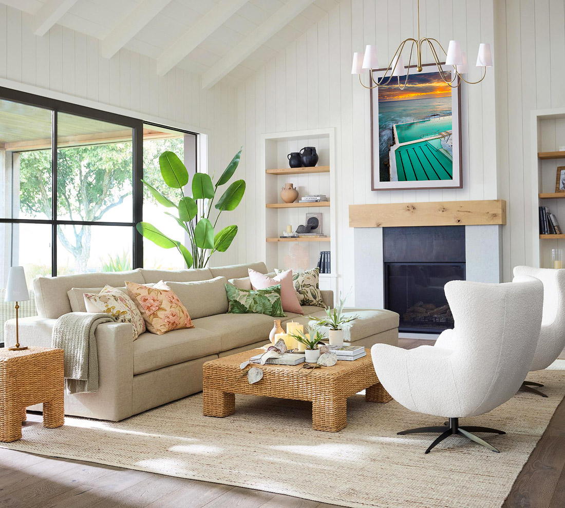Living Room With Ocean Fine Art Photography Luxury Home - bright modern living room with ocean sunrise wall art