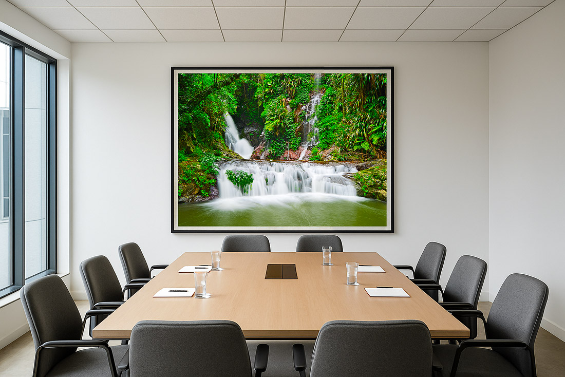 Calming visuals in meeting rooms help reduce stress and encourage thoughtful discussion.