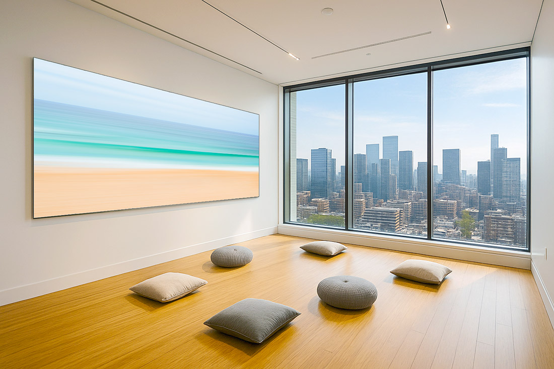 Soft, natural imagery in quiet zones supports employee wellbeing and focus.