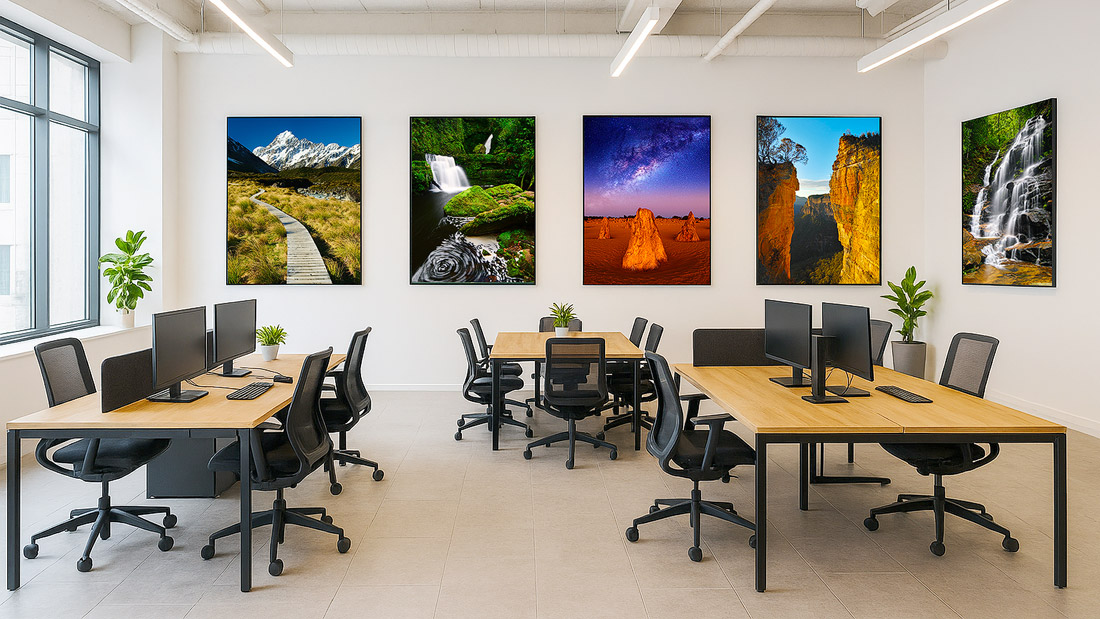 A thoughtfully curated gallery wall transforms open spaces into inspiring, brand-aligned environments.