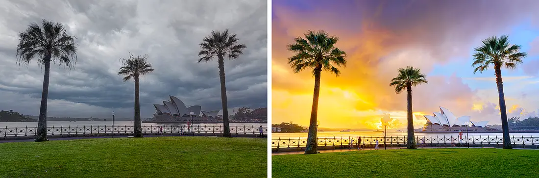 Comparison image of dull overcast sunrise conditions and poor sky forecast