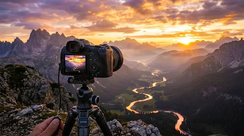 Landscape photographer with tripod shooting at dawn before sunrise
