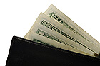 Black leather wallet with money. White background.